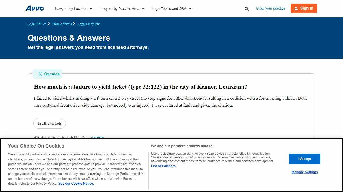 How much is a failure to yield ticket (type 32:122) in the city of Kenner, Louisiana? - Legal Answers